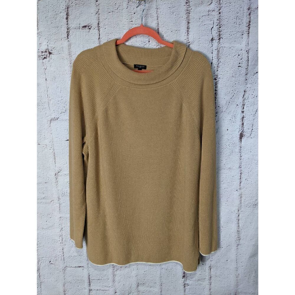 Talbots Women's Tan Pima Cotton Sweater w Cream Trim Folded Crew Neck Size‎ 2X